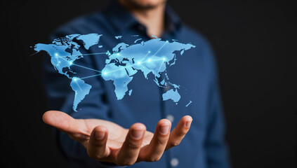 Global network connection with glowing digital nodes floating over hand technology future internet data communication background copy space cloud