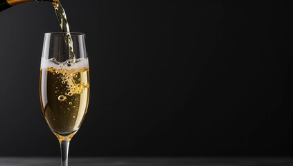 Champagne splash in glass luxury alcohol beverage celebration party toast liquid motion dynamic pour advertisement background copy space sparkling wine gold drink
