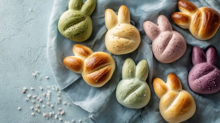Colorful bunny shaped baked buns arranged on soft fabric create a playful spring food scene