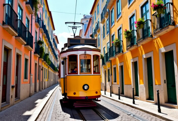 Naklejka premium Yellow tram on a street with colorful houses and flowers on the balconies - Bica Elevator going down the hill of Chiado