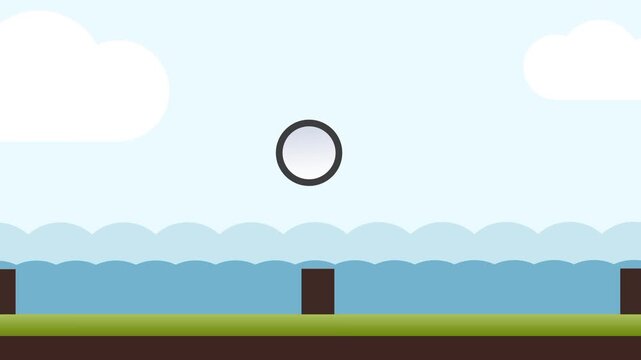A white outlined circle bounces over small brown blocks on a green field under a bright blue sky with soft white clouds drifting in the distance