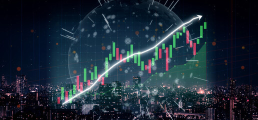 A vibrant city skyline at night serves as a backdrop for a dynamic stock market graphic, showcasing upward trends and futuristic visual data representations. Impute