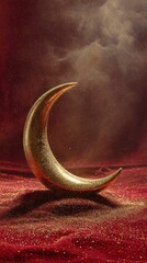 Golden crescent moon sculpture resting on sparkling red fabric with dramatic smoke