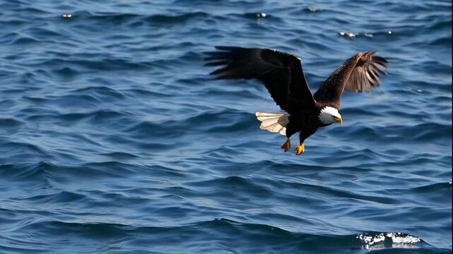 A majestic bald eagle soars over the ocean in a serene video capturing its effortless flight.