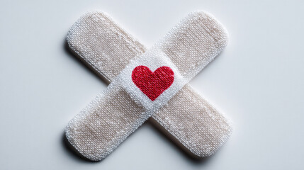 Two crossed adhesive bandages with a red heart in the center symbolizing care love and emotional healing