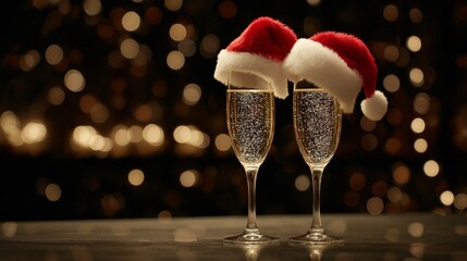 Two champagne glasses wearing miniature santa hats