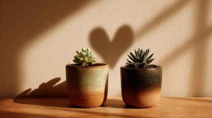 Two small potted plants leaning toward each other casting a heart shaped shadow in warm sunlight