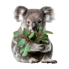 PNG of Cute koala holding eucalyptus leaves, displaying its soft fur and curious expression.