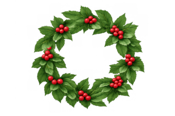 Christmas wreath illustrating traditional holiday foliage with green leaves and red berries, creating a festive decorative element
