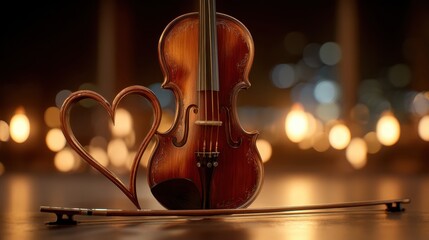 A violin and bow arranged to form a heart shape in warm candlelit surroundings