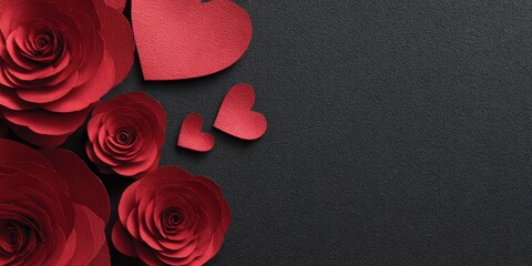Red paper roses and heart shapes arranged on a dark background with empty space for text
