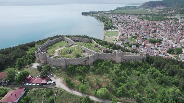 Ohrid - Macedonia. Aerial view of famous old fortress ruins of tzar Samuel in Ohrid know as Samuels fortress with Lake Ohrid in the background