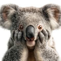 PNG of A surprised koala expresses emotions with wide eyes and a thoughtful pose.