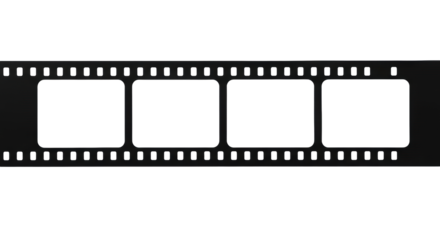 Horizontal black photographic film strip with four blank white rounded frames and sprocket holes, centered on a transparent background with copy space under bright studio light, concept of media