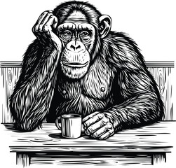 Thoughtful chimpanzee with coffee