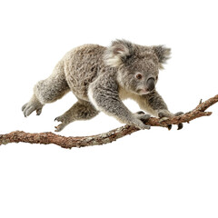 PNG of A playful koala leaps across a branch, showcasing its agile movement and soft fur.