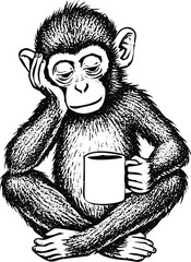 Thoughtful monkey with coffee