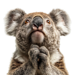 PNG of A hopeful koala with clasped paws looking up, conveying a sense of longing and innocence.