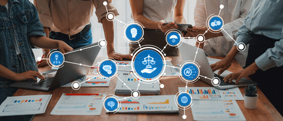 A dynamic business meeting focused on ethics, featuring teamwork and technology. Diverse professionals engage in discussions around legal concepts and data analysis. Amity