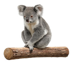 PNG of Adorable koala perched on a log, showcasing its soft gray fur and curious expression.