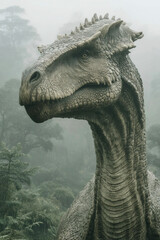 Dinosaur stands majestically in a primeval forest under a misty mountain backdrop