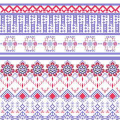 seamless vector patterns featuring vintage pink flower textures and geometric ethnic ornament designs for Christmas textile wallpaper, scrapbook art decoration, Native American tribal fabric.