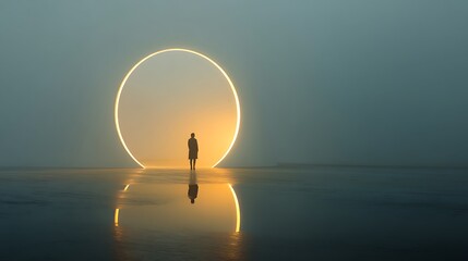 a person standing inside a glowing transparent circle, geometric composition, emotional protection symbolism, soft yellow light, minimalist fine art — v 7