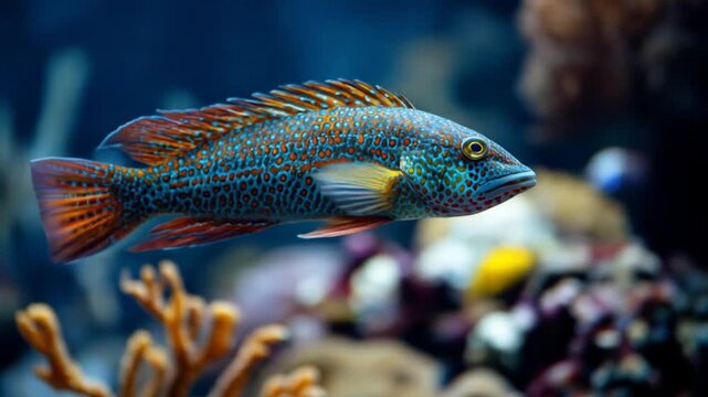 Colorful fish swims near coral reef underwater environment