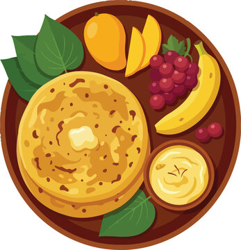 Traditional indian sweet food platter with puran poli flatbread mango shrikhand and fresh fruits served on brown plate for maharashtrian gudi padwa festival meal.