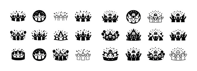 Collection of 24 black and white celebration icons featuring party hats and confetti
