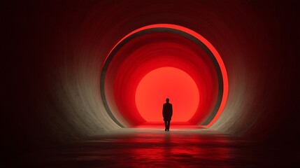 a surreal human silhouette endlessly walking in a circular tunnel, red light glowing from within, concept of anxiety cycles, cinematic depth — v 7 
