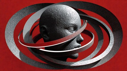 abstract composition of human head trapped inside rotating geometric rings, metallic textures, red-gray contrast, fine art minimalism — v 7 