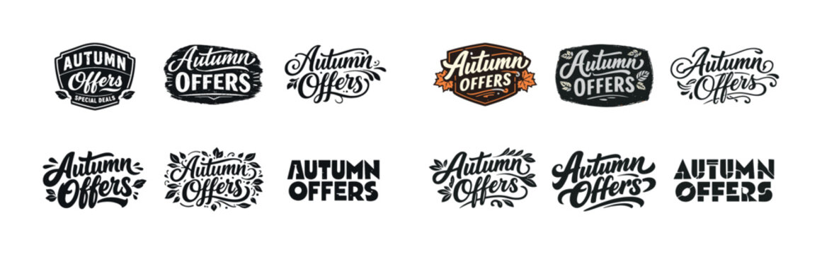 Collection of autumn offers logos with hand-drawn typography and seasonal design elements