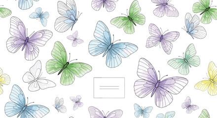 Obraz premium Delightful seamless pattern of colorful butterflies in pastel shades of purple blue and green over a clean white background.