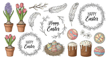 Extensive easter illustration collection with potted hyacinths tulips nests with eggs festive wreaths and traditional bread.