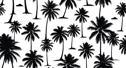 Seamless pattern of black palm tree silhouettes on a white background creating a clean and minimalist tropical aesthetic.