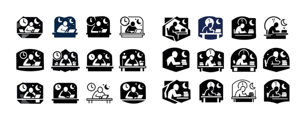 Person working at desk at night: icon collection for productivity themes