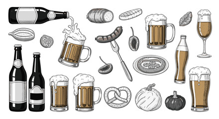 Oktoberfest themed collection of various beer glasses bottles grilled sausages pretzels and traditional harvest vegetables.