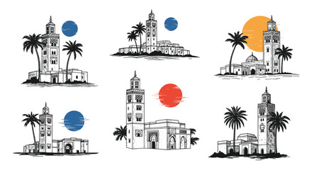 Collection of stylized sketches depicting traditional moroccan architecture with minarets palm trees and sun or moon symbols.