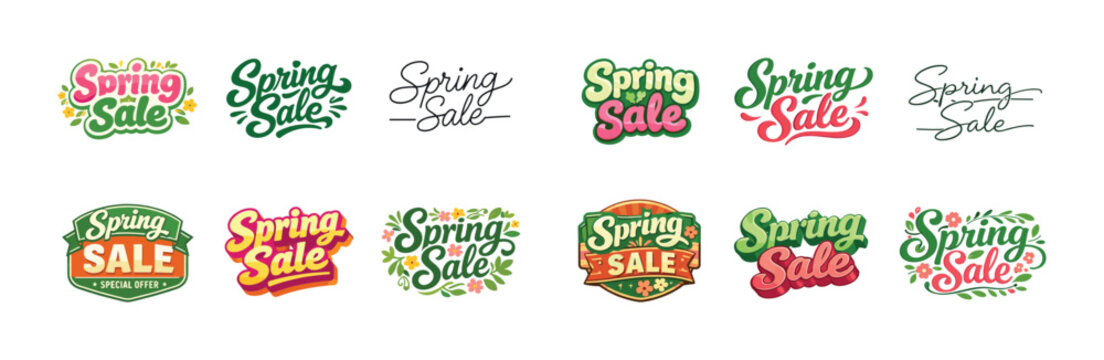 Colorful spring sale logos with floral elements and creative text designs