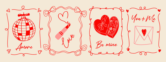 Vintage Hand Drawn Valentine's Day Card Set-Coquette Aesthetic Templates with Hearts, and Bows for Posters, Banners, Branding, and Sale Labels.