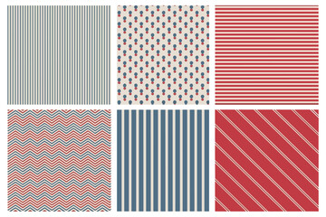Six Patriotic Patterns Featuring Stripes Chevrons and Polka Dots in Red White and Blue Keywords: pattern, stripe, chevron, polka dot, red, white © Maru