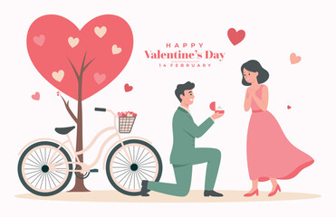 Valentine&rsquo;s Day Proposal Illustration with Romantic Couple and Heart Tree Vector