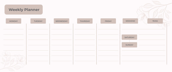 Minimal Weekly Planner Template with Floral Line Art and Notes Section Vector