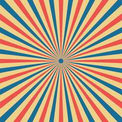 Obraz premium Vintage Sunburst Background with Red Blue and Yellow Stripes Radiating Outwards Keywords: sunburst, vintage, retro, background, stripes, radial