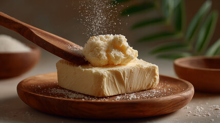 Butter block with wooden spoon scooping portion on round wooden board, dairy ingredient for cooking and baking concepts