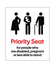 Priority Seat Information Sign for Disabled, Pregnant, and Elderly Passengers - High-Contrast Professional Transport Accessibility Graphic