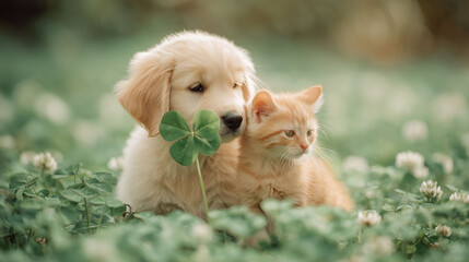 Two cute golden retriever puppies sitting in a green meadow with four-leaf clovers, concept of luck and friendship