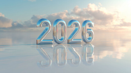 Modern and sleek 2026 numeric graphic design with reflective floor and clear blue sky