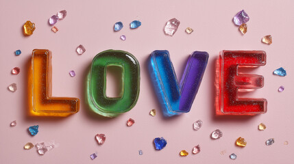 Close-up of sweet candy LOVE with romantic backgroud